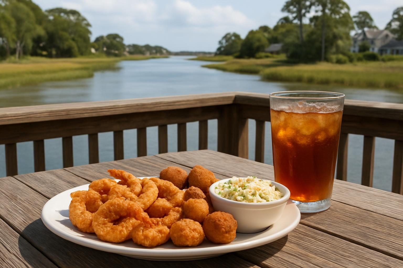 Plate of fried shrimp and hush puppies on a waterfront deck table