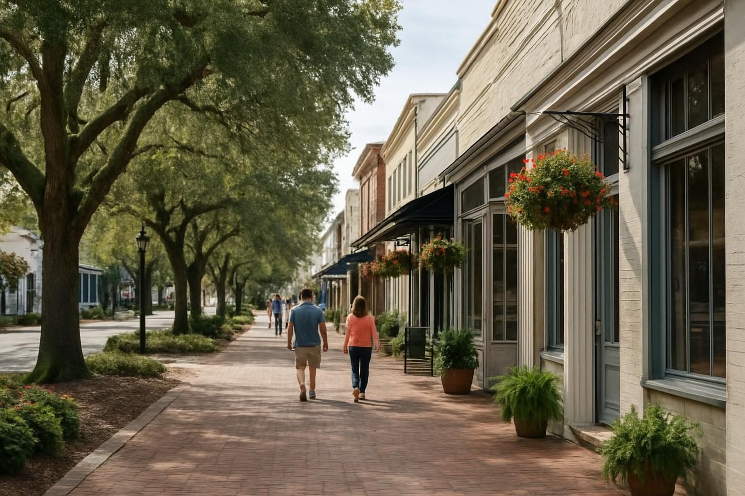 People strolling a historic coastal downtown street with small shops