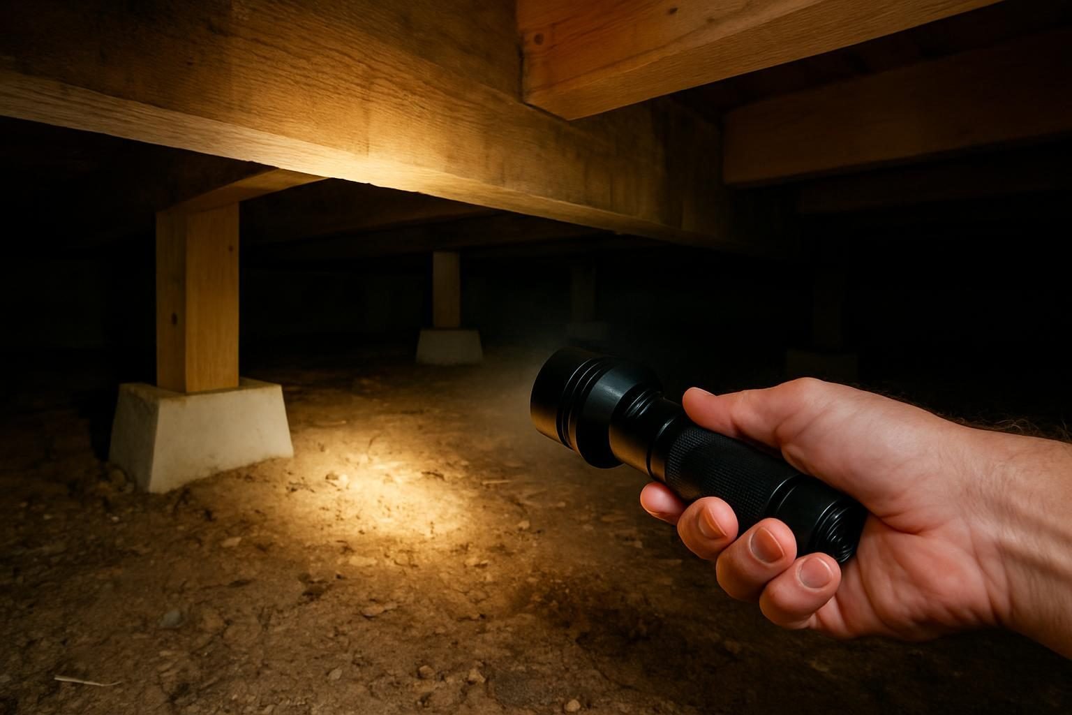 Flashlight inspecting wood joists in a crawl space for termite damage
