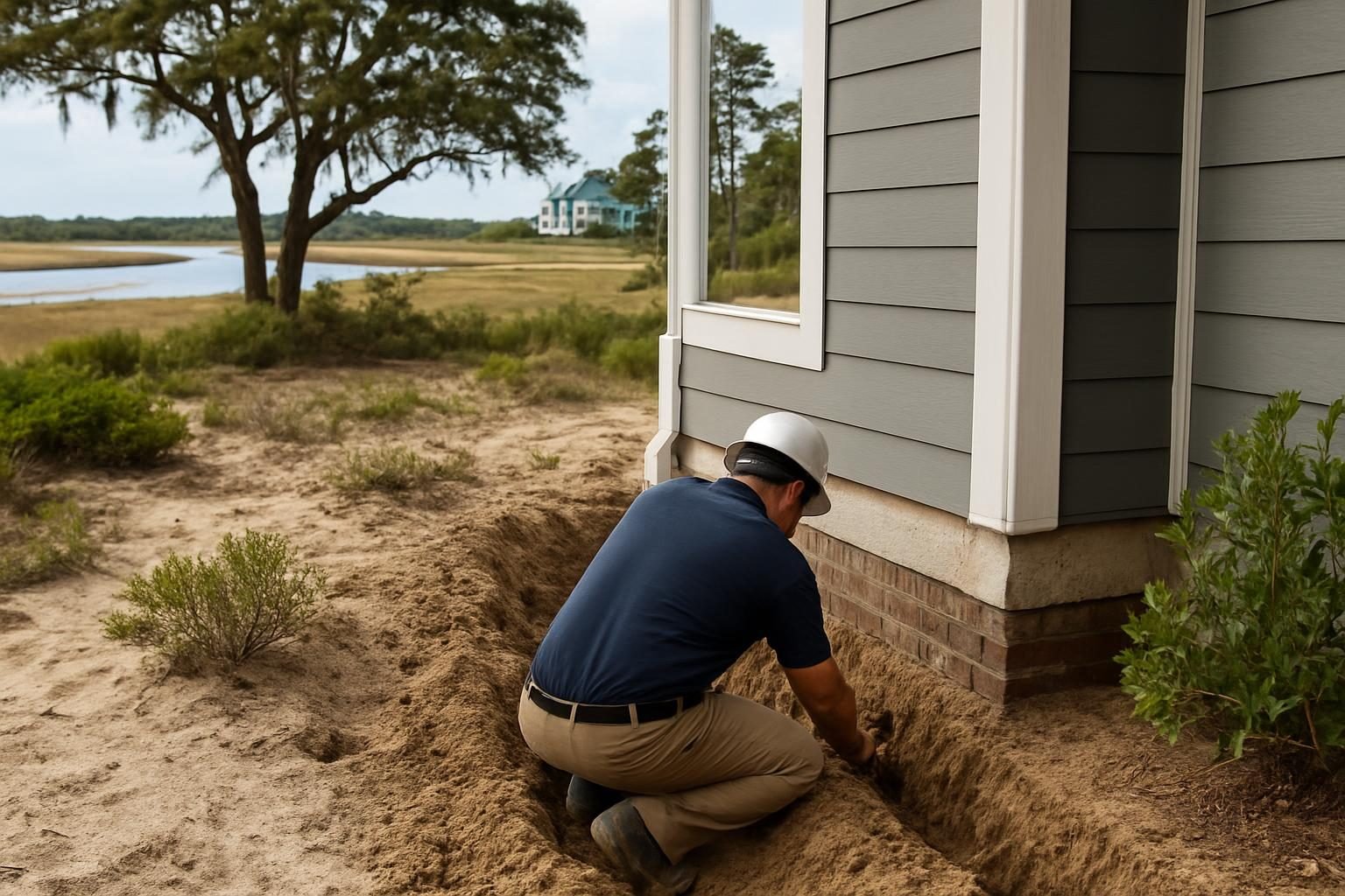 Pest control worker treating soil along a home foundation perimeter