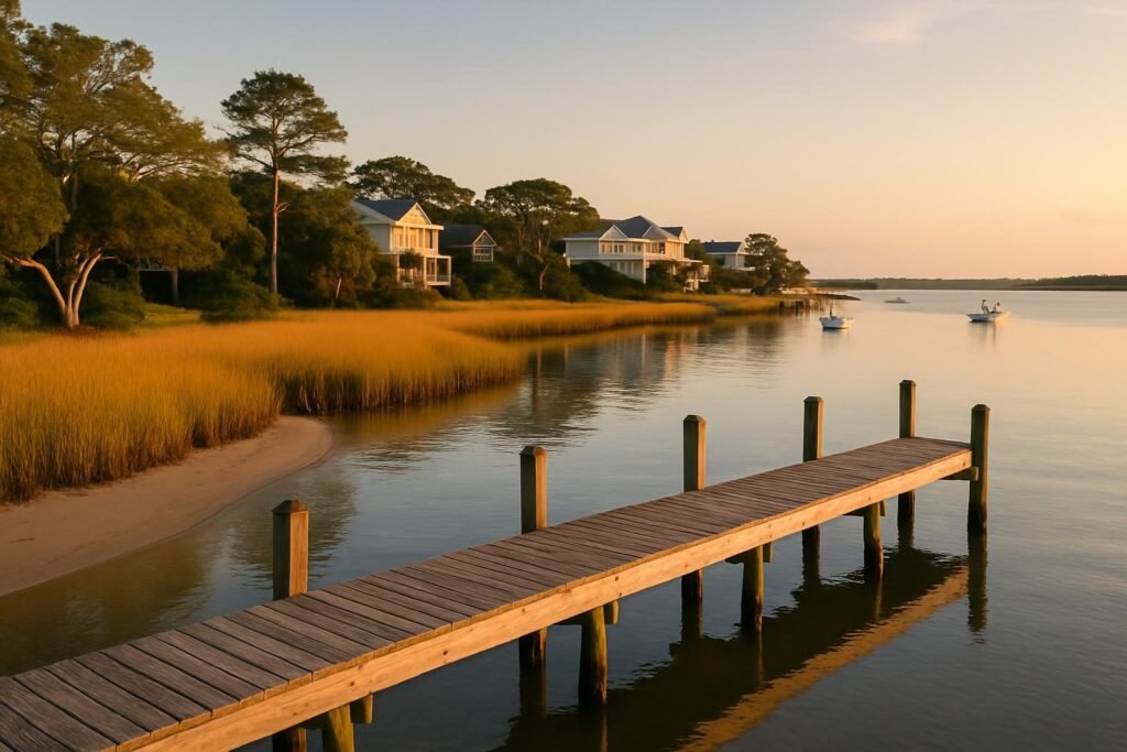 Quiet waterfront dock and marsh at sunset, a scene from things to do in Jacksonville NC and Onslow County