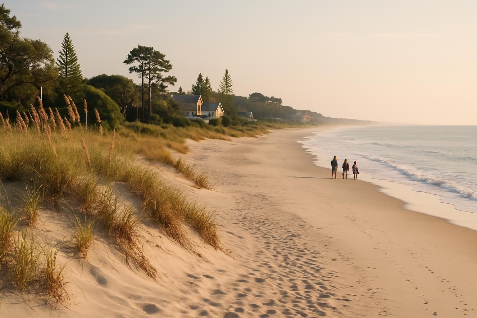 Family walking along an uncrowded barrier island beach with dunes and sea oats