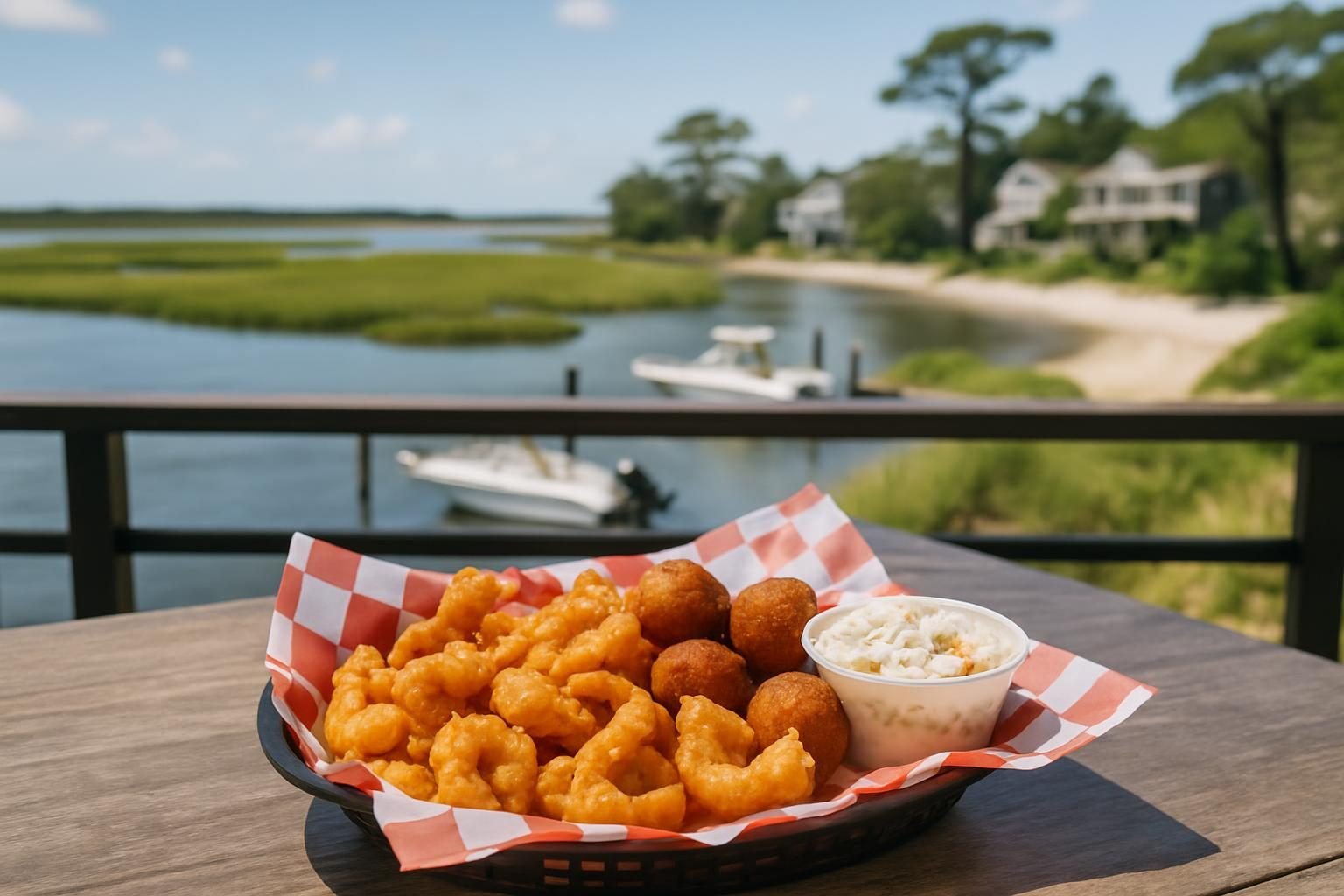 Plate of fried shrimp and hush puppies at a waterfront seafood table