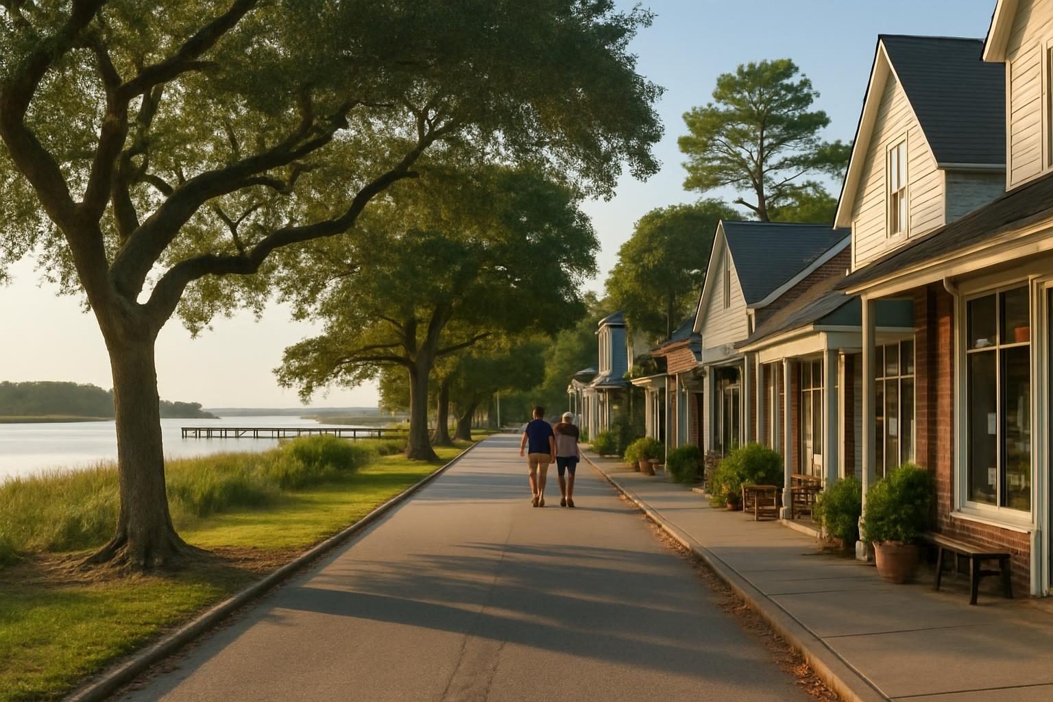 Walkable historic waterfront town street with shops and shade trees on the North Carolina coast