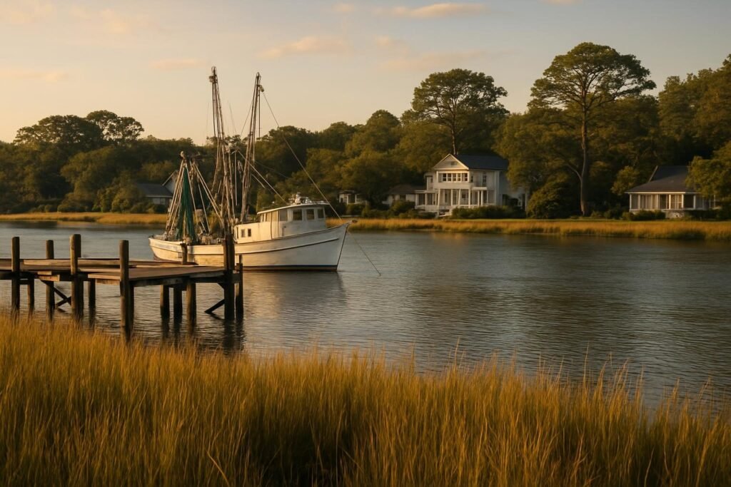 Shrimp boat and docks on the river, things to do in Sneads Ferry NC