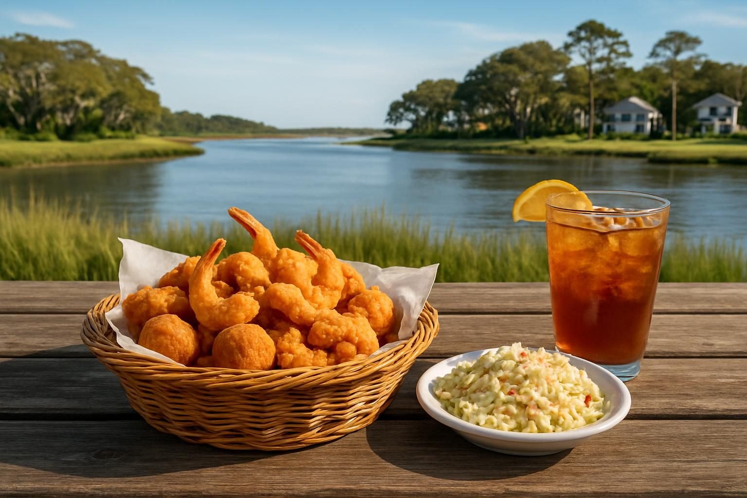 Fried shrimp basket with hush puppies and sweet tea at a casual seafood meal