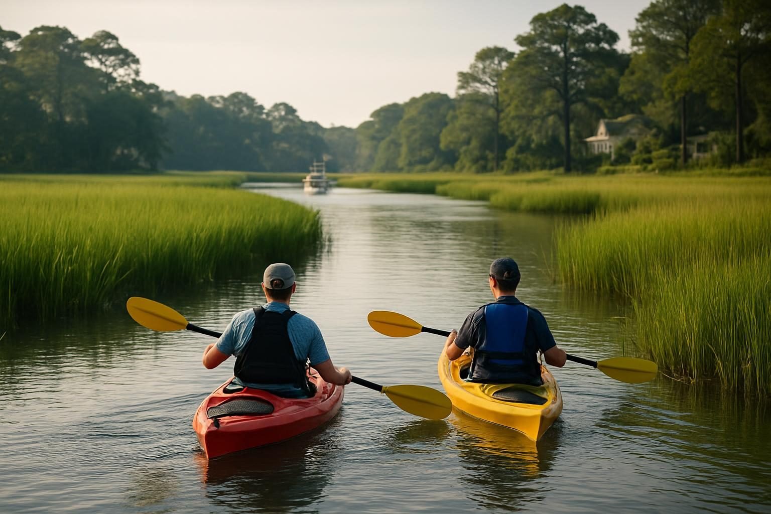 Kayakers paddling through a calm salt marsh creek on the New River