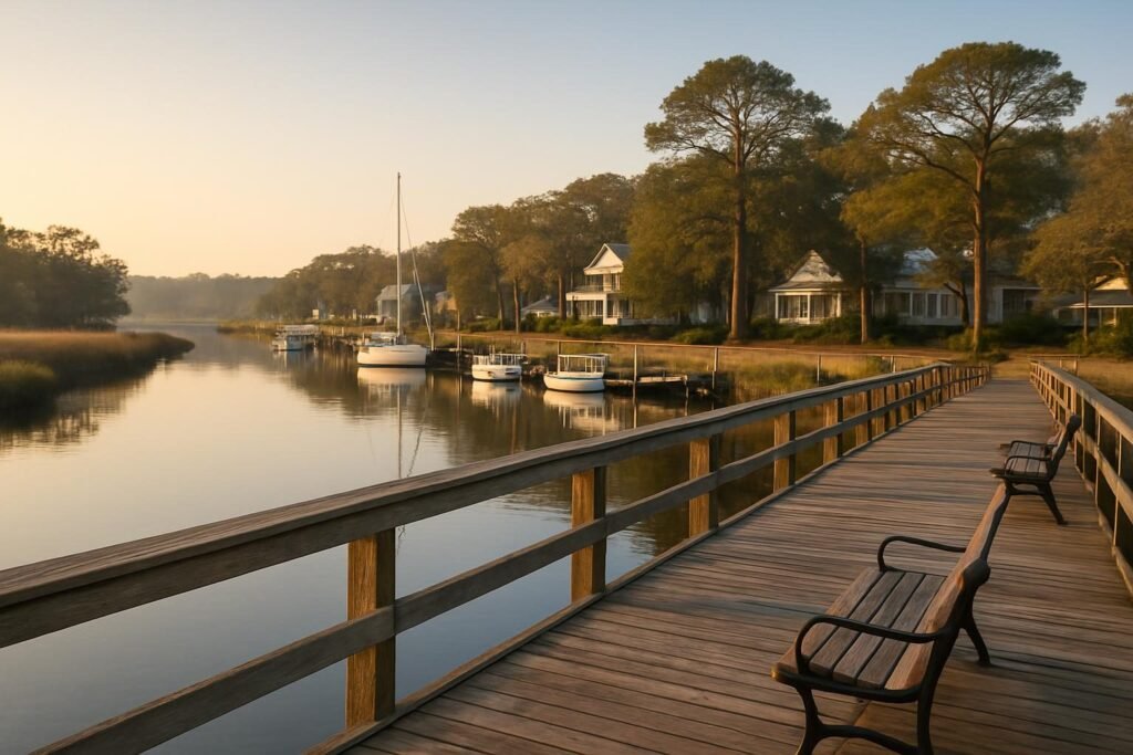 Things to do in Swansboro NC: historic waterfront on the White Oak River at sunrise