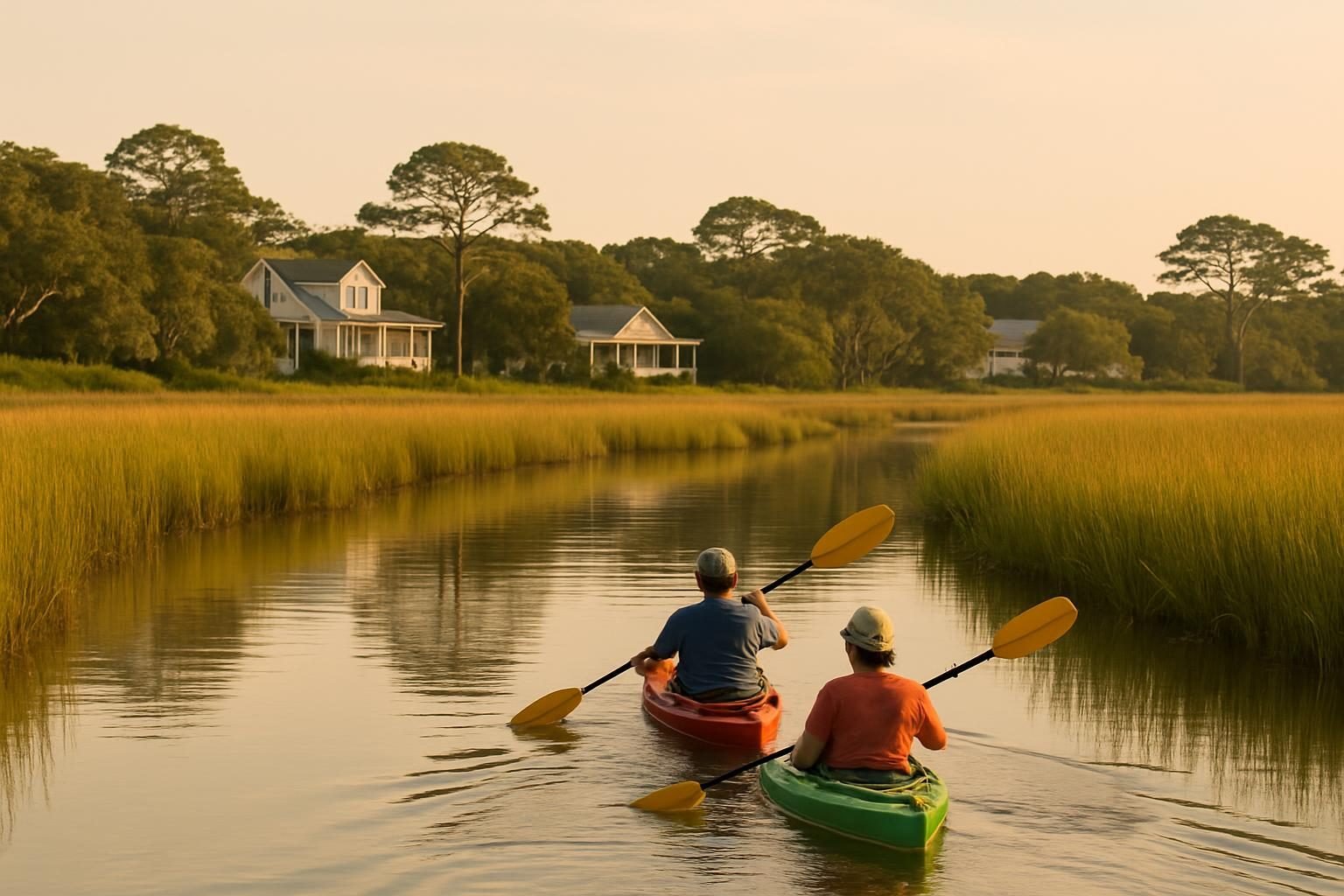 Kayakers paddling the salt marsh near the White Oak River