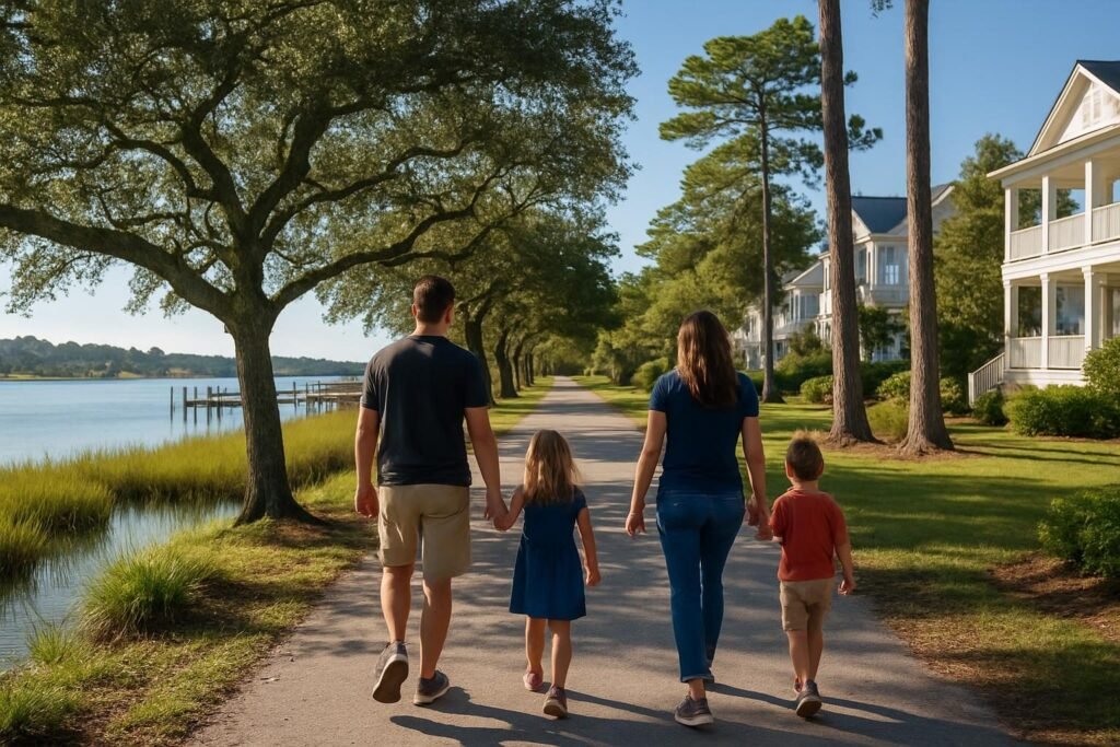 Family walking a shaded riverfront path, enjoying things to do with kids in Jacksonville NC