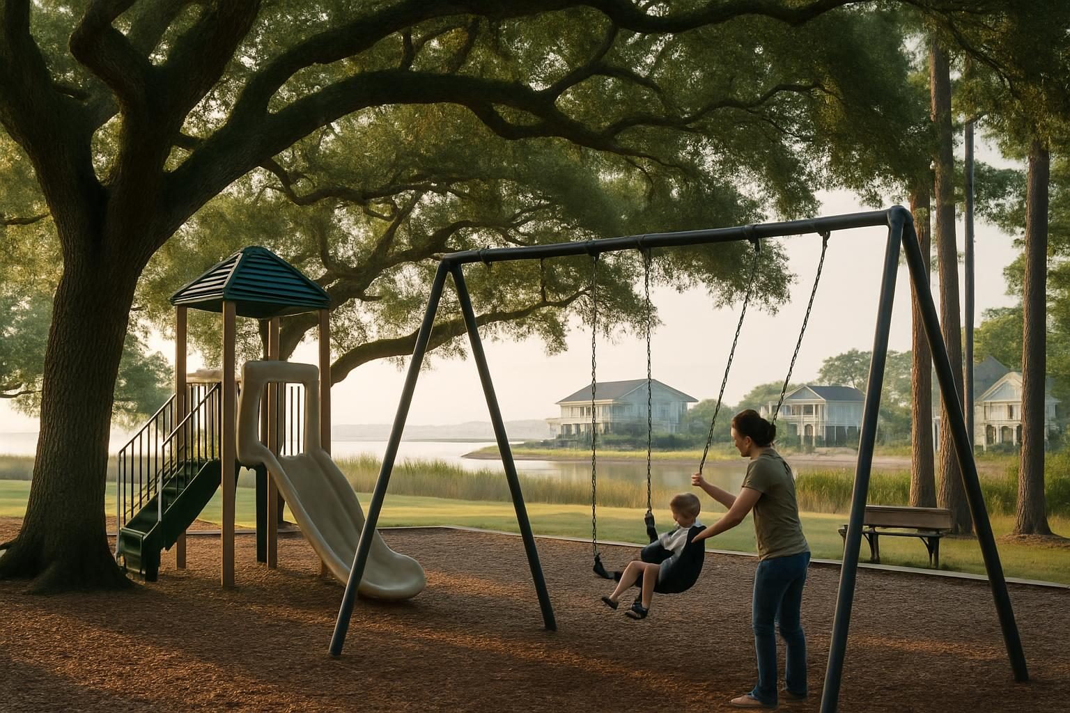 Shaded playground under oak trees with a parent and toddler
