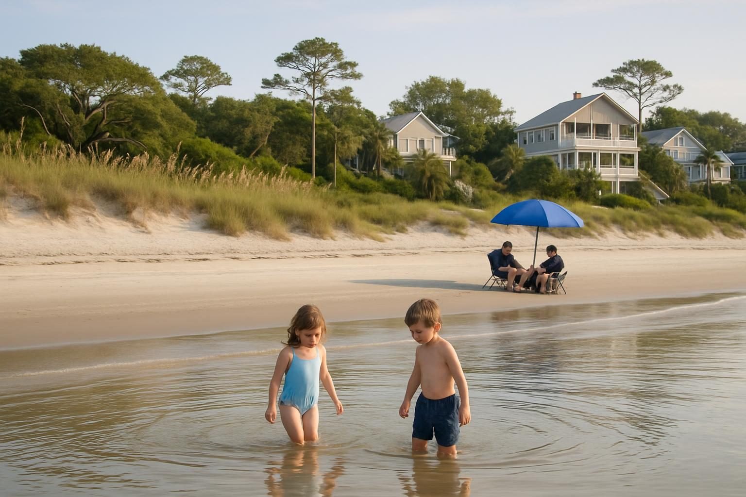 Children wading in shallow water at a quiet coastal beach