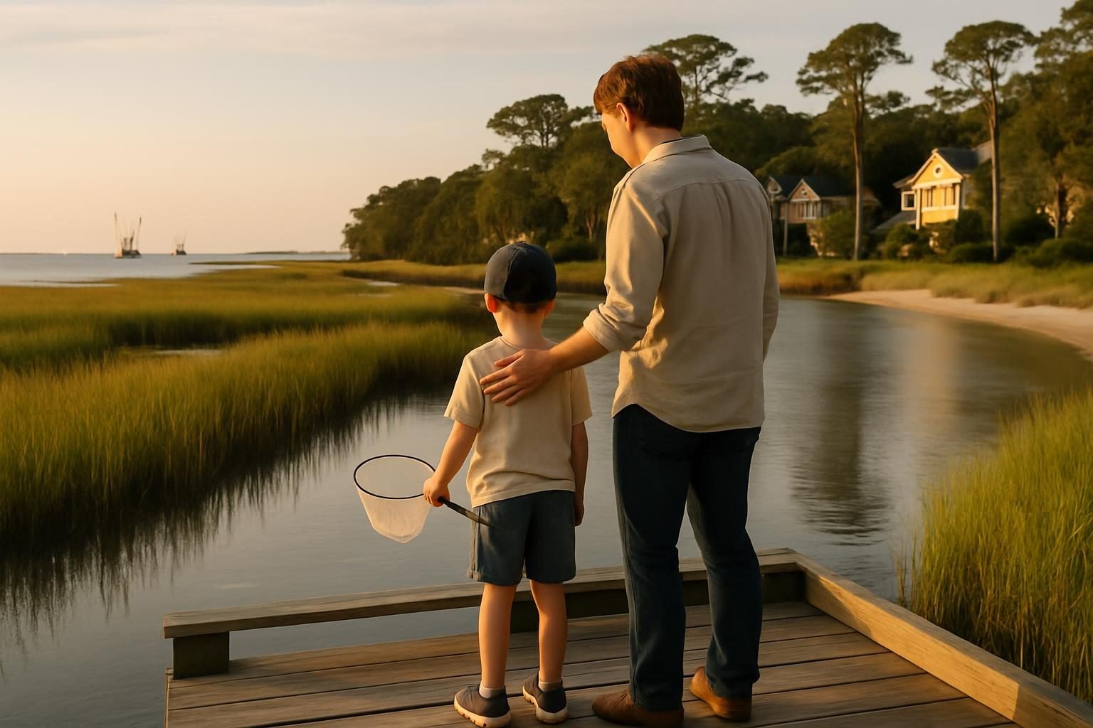 Parent and child on a wooden dock over a coastal salt marsh