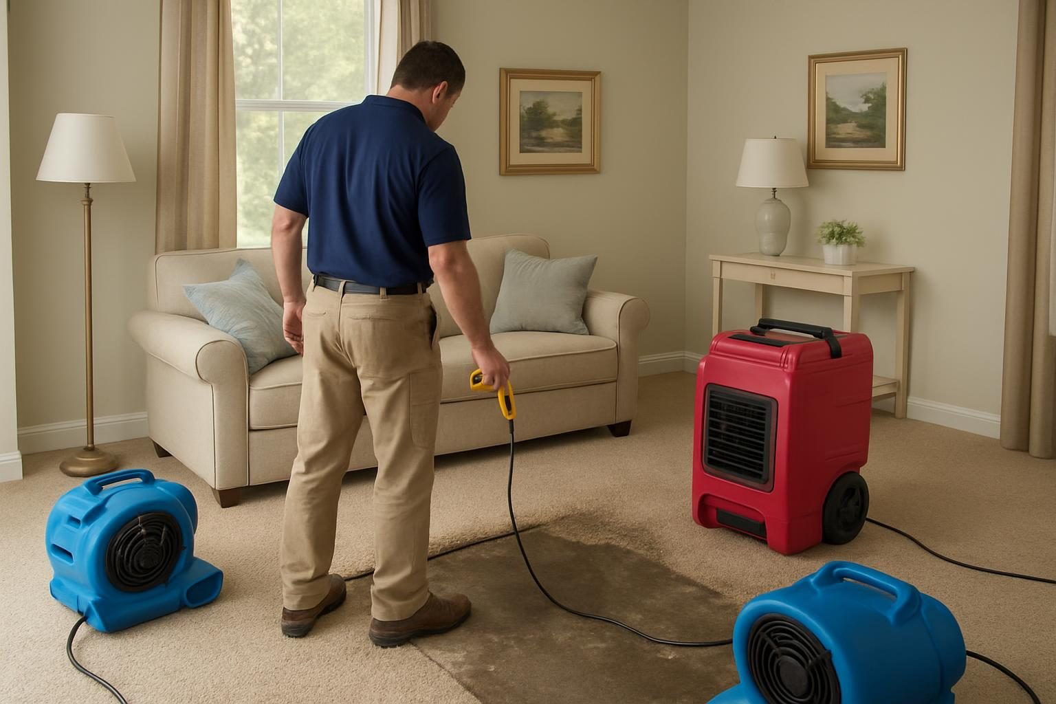 Technician using a moisture meter while air movers dry a flooded living room