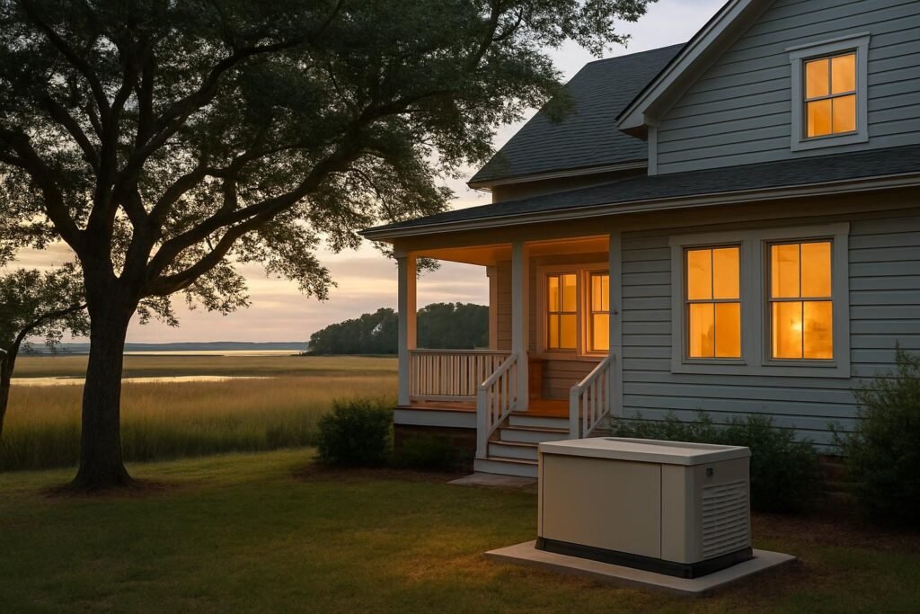 Whole house generator installation in Jacksonville, NC on a pad beside a coastal home at dusk