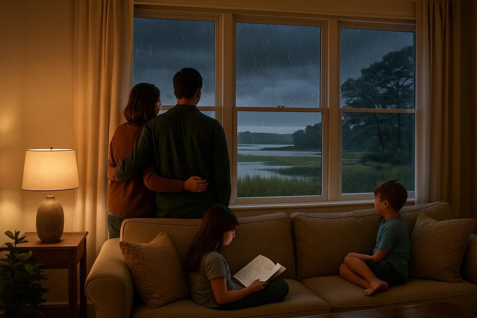 Family at home with the lights on during a storm outside