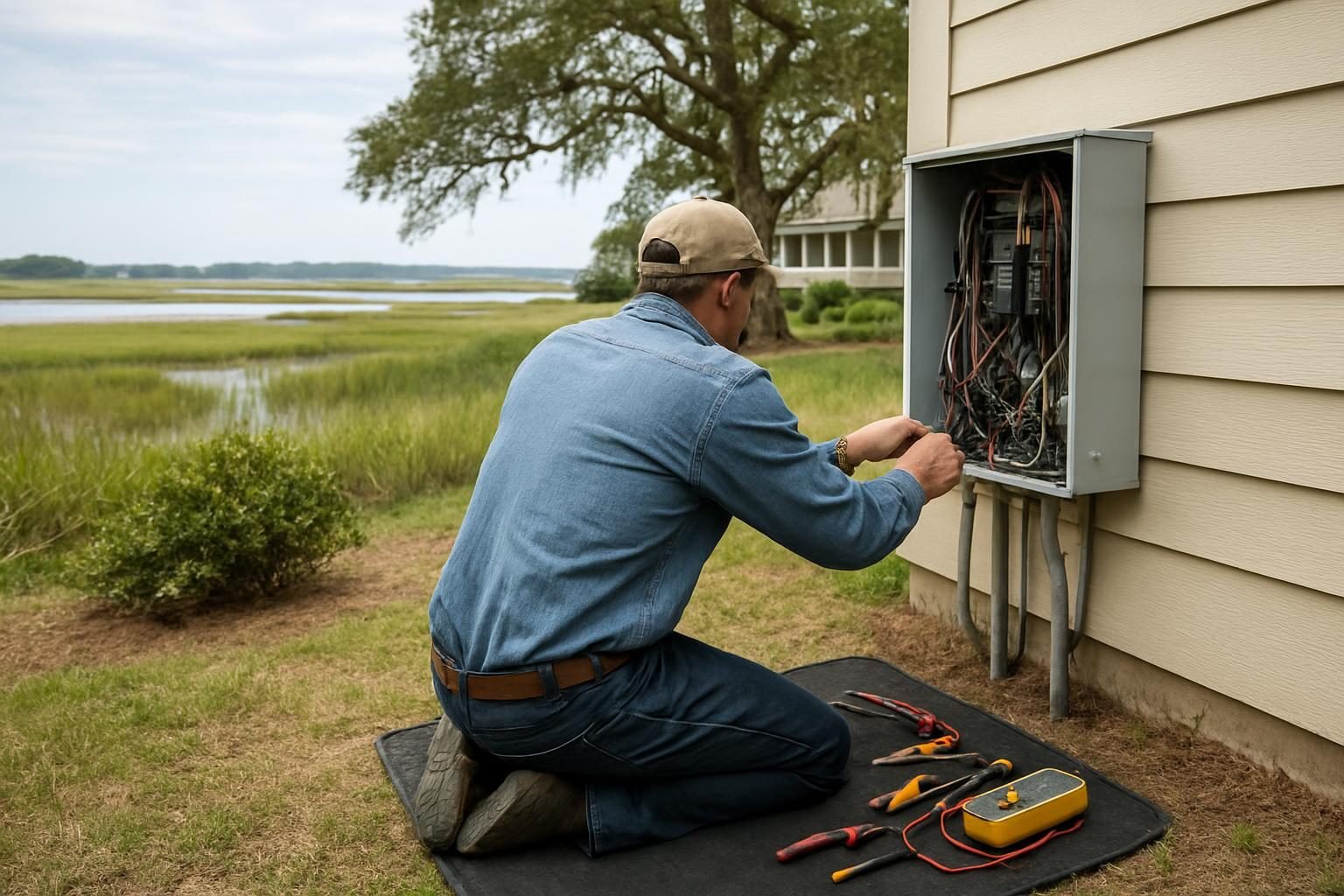 Electrician working on an outdoor electrical panel and transfer switch